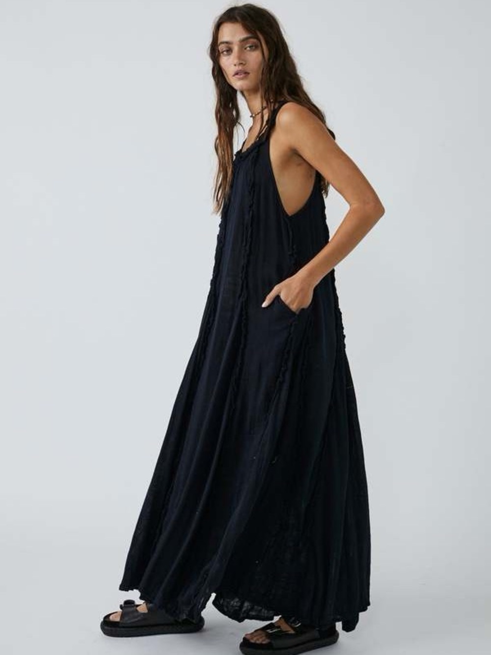 Free People McKinley Sleeveless Scoop Neck Maxi Sundress Black Womens Size Large